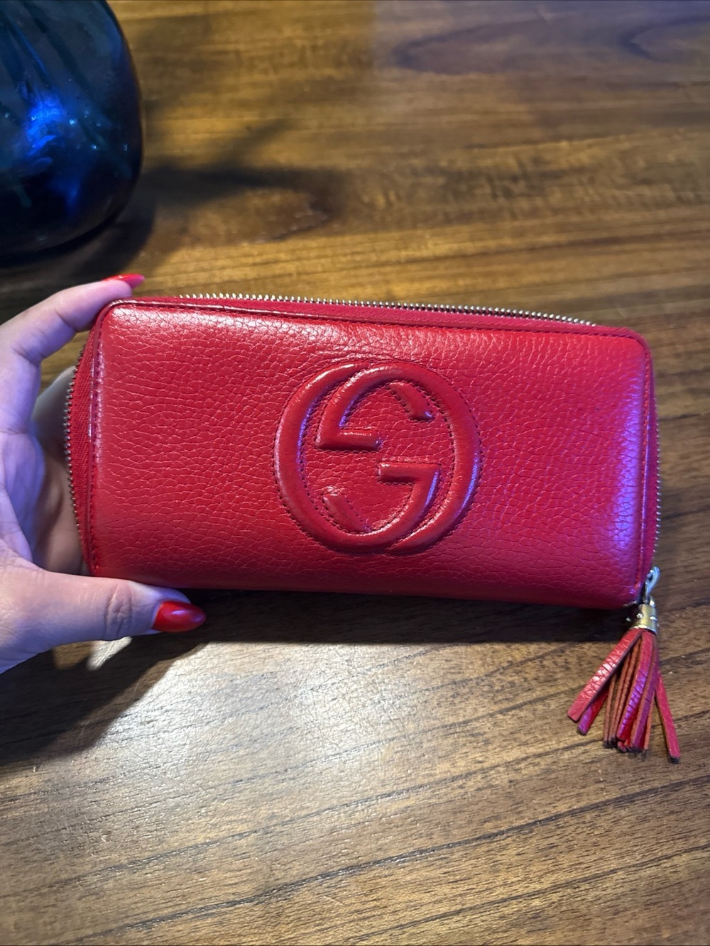 Gucci Red Pebbled Leather Tassel Zip Around Wallet